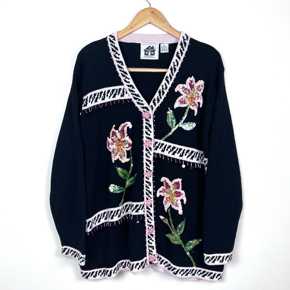 Vintage 90’s Y2K Storybook Knits Lillies Of The Night Sequin Sweater Cardigan - Picture 16 of 16